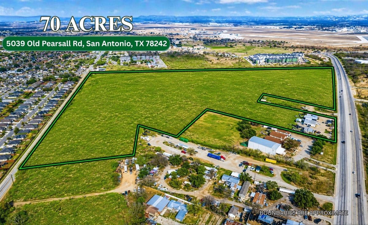 Aerial view of the 70-acre One Parkside site at 5039 Old Pearsall Road, San Antonio, TX, with the approximate property boundary outlined.
